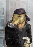  2017 ambiguous_gender anthro beverage clothed clothing duo_focus feral fingerless_gloves gecko gloves green_body grey_eyes group hood invalid_tag jacket leather leather_jacket leopard_gecko lizard looking_at_viewer monitor_lizard red_eyes reptile scalie sharp_teeth shoulder_carry size_difference slice_of_life standing tea teeth torakuta traditional_media_(artwork) watercolor_(artwork) white_body 