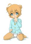  4_fingers bear blue_eyes blush briefs brown_fur bulge clothing cub fur kneeling male mammal pajama_shirt ruugiaruu simple_background solo tears underwear young 