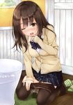  absurdres blush brown_hair carpet crying crying_with_eyes_open have_to_pee highres long_hair one_eye_closed open_mouth original panties panty_pull pantyhose pantyhose_pull pee peeing peeing_self puddle school_uniform solo sweater tears unasaka_ryou underwear yellow_eyes 