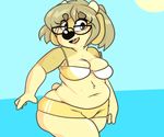  2017 aged_up anthro beach black_nose blue_sky bovine bra breast_squish breasts cattle clothing eyewear female freckles fur glasses green_fur green_hair grey_hair hair horn looking_at_viewer maggie_hudson mammal navel open_mouth seaside short_tail shorts sky slightly_chubby smile solo sprocket_(artist) standing sun sweat tan_fur underwear water wide_hips 