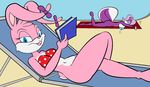  anthro babs_bunny bikini blue_eyes bottomless breasts clothed clothing duo female fifi_la_fume fluffy fluffy_tail fur lagomorph lil_scooter56 looking_at_viewer lying mammal nude pink_fur purple_fur rabbit skunk smile swimsuit text tiny_toon_adventures warner_brothers 