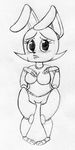  2016 animatronic anthro barely_visible_genitalia black_and_white blush bonnie_(fnaf) breasts crossgender five_nights_at_freddy&#039;s inkyfrog lagomorph looking_at_viewer machine male mammal monochrome nude pussy rabbit robot shortstack simple_background solo standing subtle_pussy thick_thighs traditional_media_(artwork) video_games white_background 