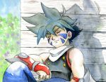  against_wall beyblade black_shirt blue_pants building closed_mouth day emily_clark facepaint highres hiwatari_kai knee_up male_focus muscle pants shirt short_hair sitting sleeveless sleeveless_shirt smile solo spiked_hair sunlight wooden_wall 