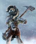  armor black_hair blonde_hair blue_eyes clothed clothing crossover day equine fan_character hair hammer holding_object holding_weapon hooves mammal my_little_pony nemo2d outside skyrim snow snowing the_elder_scrolls tools video_games weapon 