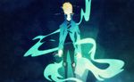  2017 aura blonde_hair blue_color blue_jacket clothed clothing digital_media_(artwork) faceless hair hi_res human light_ray male mammal not_furry restricted_palette shane_frost simple_background solo standing 