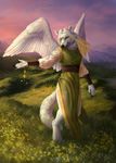  5_fingers anthro black_nose blonde_hair canine detailed_background digitigrade feathered_wings feathers female fur grass hair mammal sky smile standing white_feathers white_fur wings wolf wolnir yellow_eyes 