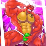  2016 5_fingers abs biceps big_biceps big_tail bulge butt clothed clothing danandnite dragon front_view green_bottomwear green_clothing horn humanoid_hands itarua jockstrap light looking_at_viewer male manly multicolored_scales muscular muscular_male nipples pecs penis_outline pinup pose purple_background purple_eyes quads red_scales scales scalie serratus shaded sharp_teeth signature simple_background skimpy snout solo spiked_tail tattoo teeth topless two_tone_scales underwear western_dragon white_horn yellow_nipples yellow_scales 