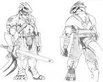  5_toes anthro armor bulge claws draconian dragon helmet knight melee_weapon monochrome nipples runes salamander_(artist) scalie sword toes traditional_media_(artwork) warrior weapon 