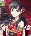  bare_shoulders black_eyes black_hair blush breasts commentary_request detached_sleeves flower hair_flower hair_ornament highres idolmaster idolmaster_cinderella_girls idolmaster_cinderella_girls_starlight_stage japanese_clothes kimono kobayakawa_sae long_hair looking_at_viewer oriental_umbrella red_kimono ribbon-trimmed_sleeves ribbon_trim small_breasts solo umbrella yuuhi_(ages) 