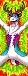  anthro antlers cervine chibity colorful featureless_crotch fur hi_res horn male mammal nude open_mouth psychedelic reindeer solo spiral_eyes spread_eagle teeth 