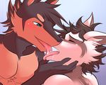  2017 anthro blush canine doberman dog eyes_closed fox fur graham_(repeat) hair kissing male male/male mammal morse_(repeat) muscular open_mouth repeat_(visual_novel) samuel_(repeat) shirokoi simple_background smile tongue tongue_out 