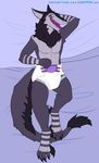  anthro bed bed_sheet bedding carnival-tricks claws cushypen diaper feet fur grey_fur looking_at_viewer lying open_mouth purple_eyes sergal solo teeth tongue 