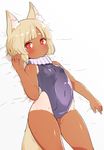  1girl animal_ears blonde_hair blush dark_skin female lying nezumi_inu on_back one-piece_swimsuit red_eyes solo swimsuit tail tanline 