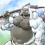  anthro belly biceps big_belly fishing_rod fur horn huge_muscles kuroma male monster musclegut muscular navel pecs smile solo triceps white_fur 