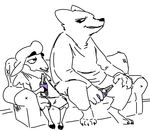  al_(weaver) alcohol anthro beverage canine caprine clothing digital_media_(artwork) disney drunk duo fan_character fur male mammal nobody_(artist) pack_street remmy_cormo sheep simple_background sitting size_difference smile sofa teeth wolf wool zootopia 