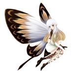  1girl aerie_(bravely_default) bare_shoulders black_gloves bravely_default:_flying_fairy bravely_default_(series) brown_eyes dress exceru_karina fairy fairy_wings finger_to_mouth gloves gradient_hair long_hair multicolored_hair pointy_ears short_dress shushing simple_background smile solo strapless strapless_dress thigh_strap white_background white_dress white_hair wings 