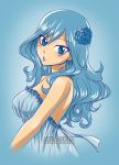  1girl artist_name arya-aiedail blue_background blue_dress blue_eyes blue_flower blue_hair blue_ribbon blue_rose breasts cropped_torso dress eyebrows_visible_through_hair fairy_tail floating_hair flower from_side hair_between_eyes hair_flower hair_ornament juvia_lockser large_breasts long_hair looking_at_viewer parted_lips ribbon rose shiny shiny_hair sideboob simple_background sleeveless sleeveless_dress solo strapless strapless_dress upper_body watermark 