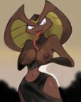  anthro breasts clothed clothing cobra death_by_misadventure fangs female holding_breast long_tongue mamba_(shenaniganza) n0ncanon navel nipples open_mouth reptile scale scalie simple_background snake tongue tongue_out topless 