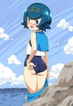  adjusting_clothes adjusting_swimsuit ass bare_arms bare_shoulders blue_hair blue_sailor_collar blush cloud day embarrassed eyebrows_visible_through_hair from_behind hair_ornament kousaka_jun legs looking_at_viewer looking_back ocean open_mouth pants pants_down peeking pokemon pokemon_(game) pokemon_sm rock sailor_collar shirt short_hair sky sleeveless sleeveless_shirt solo suiren_(pokemon) swimsuit swimsuit_under_clothes thighs trial_captain 