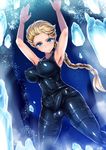  1girl armpits blonde_hair blue_eyes braid breasts bulge disney elsa_(frozen) erection frozen_(disney) futanari ice impossible_clothes large_breasts latex long_hair looking_at_viewer penis smile solo standing tight_clothes ubanis 