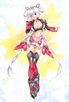 :d absurdly_long_hair ahoge black_bra black_panties bra breasts cleavage collarbone flower frofrofrost full_body hair_ornament head_tilt highres innocent_cluster large_breasts long_hair looking_at_viewer matoi_(pso2) midriff navel open_mouth panties phantasy_star phantasy_star_online_2 red_eyes silver_hair smile solo stomach thighhighs twintails underwear very_long_hair yellow_flower 