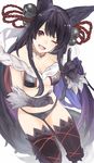  animal_ears bare_shoulders bell black_gloves breasts commentary_request erune fox_ears fox_shadow_puppet fox_tail from_above gloves granblue_fantasy hair_bell hair_ornament harutask highres jingle_bell long_hair looking_at_viewer medium_breasts midriff one_eye_closed open_mouth red_eyes solo tail thighhighs thighs yuel_(granblue_fantasy) 
