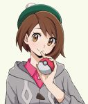  1girl bangs beret blush brown_eyes brown_hair closed_mouth collared_shirt eyebrows_visible_through_hair female female_protagonist_(pokemon_swsh) flat_chest green_hat grey_background grey_jacket hand_up happy hat head_tilt holding holding_poke_ball hood hoodie jacket jpeg_artifacts light_blush looking_at_viewer matching_hair/eyes pas_(paxiti) pink_shirt poke_ball poke_ball_(generic) pokemon pokemon_(game) pokemon_swsh shirt simple_background smile solo swept_bangs upper_body 
