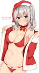  bikini blue_eyes blush breasts character_name christmas cleavage commentary_request english hat highres hiiragi_hajime kantai_collection kashima_(kantai_collection) large_breasts long_hair looking_at_viewer navel open_clothes red_bikini santa_bikini santa_costume santa_hat shiny shiny_skin silver_hair simple_background smile solo standing swimsuit swimsuit_under_clothes tsurime twintails undressing wavy_hair white_background 
