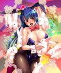  1girl animal animal_ears bare_shoulders blue_hair blush breasts bunny_ears bunny_girl cleavage erect_nipples fake_animal_ears happy kagami_hirotaka large_breasts leotard long_hair no_bra open_mouth pantyhose red_eyes shiny_skin smile solo taimanin_(series) taimanin_asagi taimanin_asagi_battle_arena yatsu_murasaki 