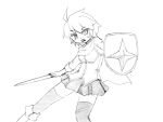  1girl boots camel_(dansen) character_request female monochrome shield skirt solo sword thighhighs weapon 
