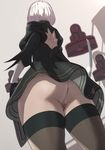  agovitch ass back_cutout bad_id bad_pixiv_id black_dress censored dress facing_away from_behind from_below highres mosaic_censoring nier_(series) nier_automata no_panties pussy short_hair solo sword thighhighs upskirt weapon white_hair yorha_no._2_type_b 