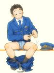  1boy bandaid blood blush boxers male_focus police sitting solo tears teeth torte_(triggerhappy) underwear 