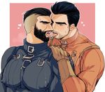  2boys arthur_maxson bara beard danse_(fallout_4) facial_hair fallout fallout_4 kiricloud kiss licking male_focus multiple_boys muscle pecs saliva scar tongue tongue_out yaoi 