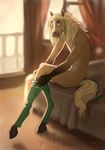  2017 anthro bed blue_eyes blush butt clothed clothing digital_media_(artwork) equine fur golden_wing hair horse legwear looking_at_viewer male mammal nude open_mouth simple_background sitting socks solo teeth vao-ra vilzard young 