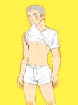  1boy blush male_focus shirt_lift smile solo sweat torte_(triggerhappy) undressing 