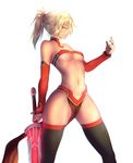  black_legwear blonde_hair braid breasts choker clarent detached_sleeves fate/apocrypha fate_(series) french_braid green_eyes loincloth midriff mordred_(fate) mordred_(fate)_(all) navel nikuku_(kazedesune) no_pants partially_visible_vulva pelvic_curtain ponytail short_hair short_ponytail small_breasts solo sword thighhighs underboob weapon 