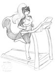  2017 anthro bra clothing exercise female fluffy fluffy_tail fur gloves_(marking) mammal markings midriff monochrome multicolored_fur navel on_one_leg ponytail running shorts simple_background sketch skunk socks_(marking) solo sports_bra standing treadmill two_tone_fur underwear zannah 
