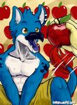  2017 anthro apple avian digital_media_(artwork) food fruit fur iron_artist male open_mouth simple_background sirius siriuswolfus smile solo 