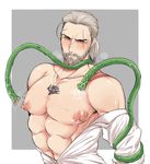  1boy abs beard blush facial_hair geralt_of_rivia kiricloud male_focus monster muscle nipples pecs restrained scar slime steam tentacle the_witcher the_witcher_3 undressing 