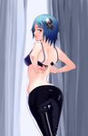  1girl ass blue_hair bra breasts brown_eyes female irelia league_of_legends short_hair skin_tight solo undressing 