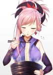  blowing blue_eyes blush bowl breasts chopsticks detached_sleeves fal fate/grand_order fate_(series) food hair_ornament half-closed_eyes japanese_clothes large_breasts long_hair miyamoto_musashi_(fate/grand_order) noodles pink_hair ponytail ramen solo 