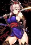  breasts detached_sleeves dual_wielding fate/grand_order fate_(series) holding japanese_clothes katana large_breasts looking_at_viewer miyamoto_musashi_(fate/grand_order) negister obi sash short_hair sideboob silver_eyes silver_hair smile solo sword thighhighs watermark weapon web_address 