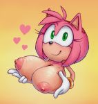  &lt;3 amy_rose anthro areola big_breasts big_head bracelet breasts bust_portrait clothing eulipotyphlan eyelashes female gloves gradient_background green_eyes hairband hedgehog holding_breast huge_breasts jewelry mammal nipples orange_background portrait presenting presenting_breasts puffy_areola simple_background smile solo sonic_(series) termiteterror yellow_background 