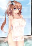  absurdres arm_support bathing blue_eyes breasts brown_hair covering hair_between_eyes hand_on_own_chest highres kantai_collection large_breasts long_hair looking_at_viewer nude_cover ponytail saratoga_(kantai_collection) see-through side_ponytail sideboob sitting smile soaking_feet solo steam thighs tomojo towel wading water wet wet_towel white_towel 