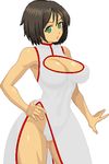  1girl adapted_costume ahoge black_hair breasts cleavage_cutout green_eyes honchan nchallenge nchans pixel_art short_hair simple_background sleeves_past_wrists solo thighhighs warner 