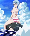  1boy 1girl akitsuki_fuuka ass back bikini blue_hair bra fuuka highres panties short_hair sitting sky smile stitched summer water 
