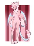  2016 anthro big_hands blue_eyes blue_pawpads blue_skin breasts female fur hair hindpaw inverted_nipples manticore navel nipples nude open_mouth pawpads paws pink_fur pink_hair pussy redrabbu short_hair solo spikes standing stinger wings 