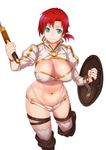  boots boudica_(fate/grand_order) breasts cleavage covered_nipples fate/grand_order fate_(series) green_eyes highleg highleg_panties jack_hamster juliet_sleeves large_breasts long_sleeves navel panties ponytail puffy_sleeves red_hair shield short_hair shrug_(clothing) simple_background smile solo sword thigh_boots thighhighs underwear weapon white_background white_legwear white_panties 