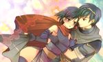  1girl blue_hair cape crown european_clothes fire_emblem fire_emblem:_monshou_no_nazo fire_emblem:_shin_ankoku_ryuu_to_hikari_no_tsurugi fire_emblem:_shin_monshou_no_nazo hug kariu katua marth pink_hair 