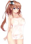  absurdres arm_support blue_eyes breasts brown_hair covering hair_between_eyes hand_on_own_chest highres kantai_collection large_breasts long_hair looking_at_viewer nude_cover ponytail saratoga_(kantai_collection) see-through side_ponytail sideboob sitting smile solo thighs tomojo towel wet wet_towel white_towel 